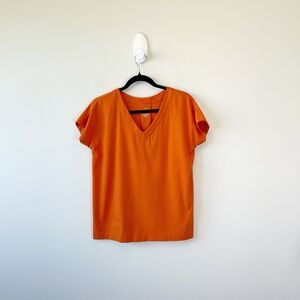 J. Jill Luxe Supima Pleat Back T-Shirt Short Sleeve V-Neck Orange Size Small